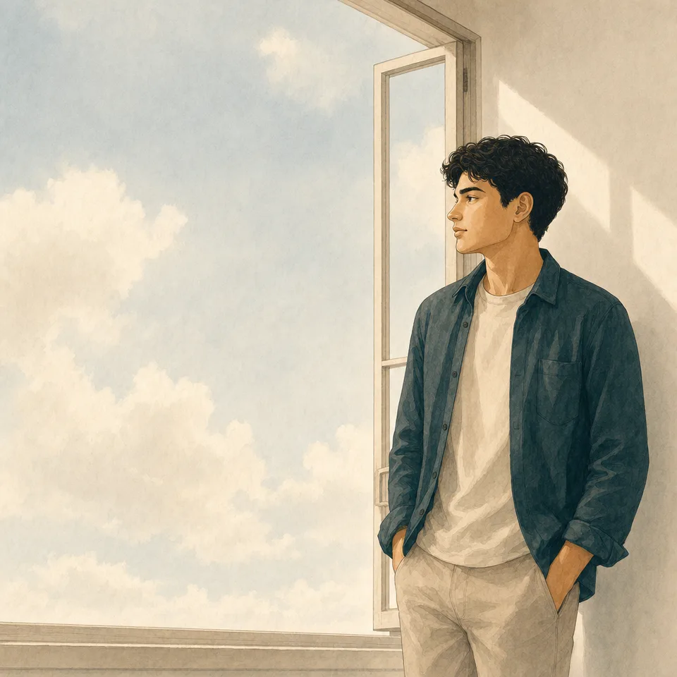 A young person standing by an open window, looking out at the sky, pausing to think
