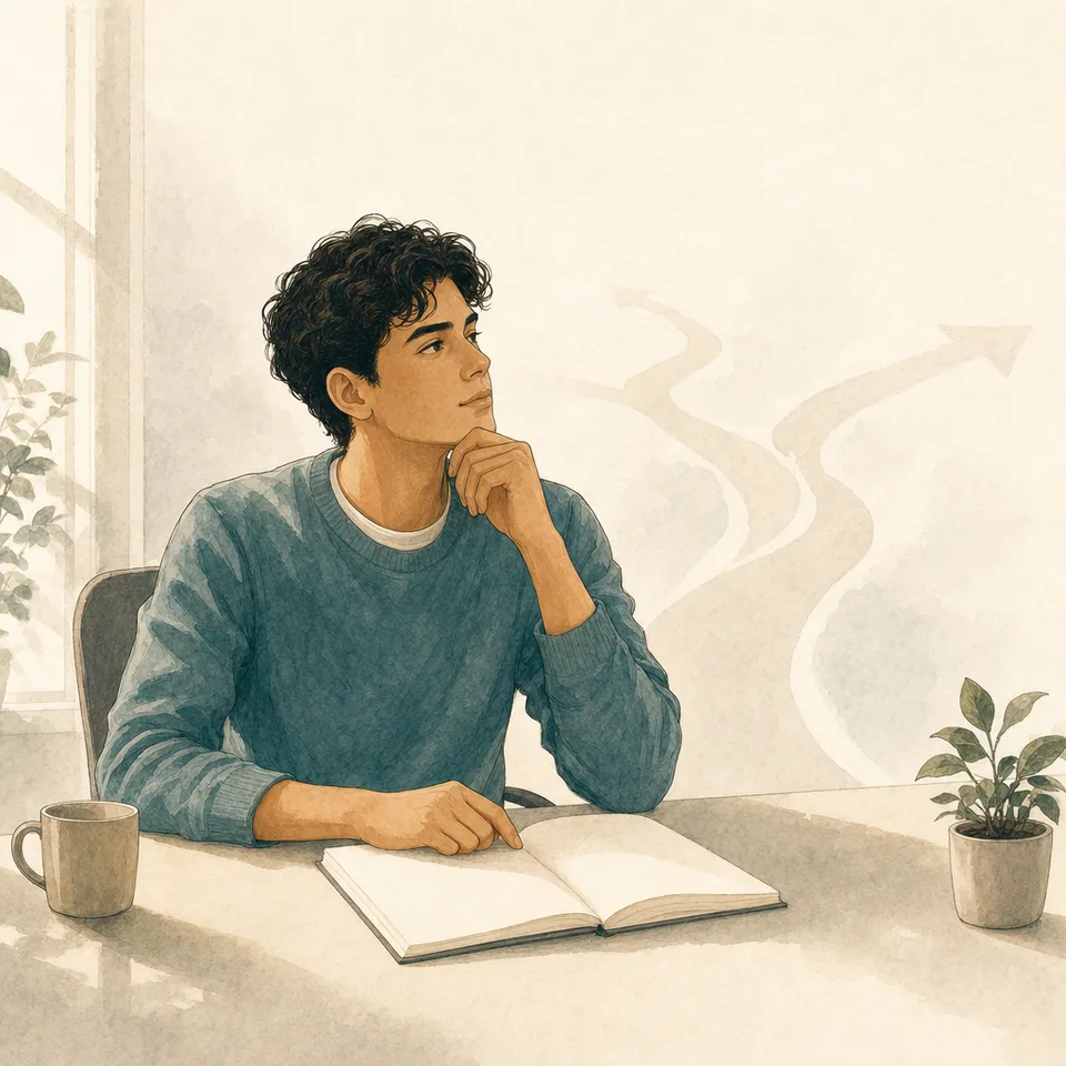 A young person sitting at a desk with an open notebook, thinking, with a branching path sketched in the background